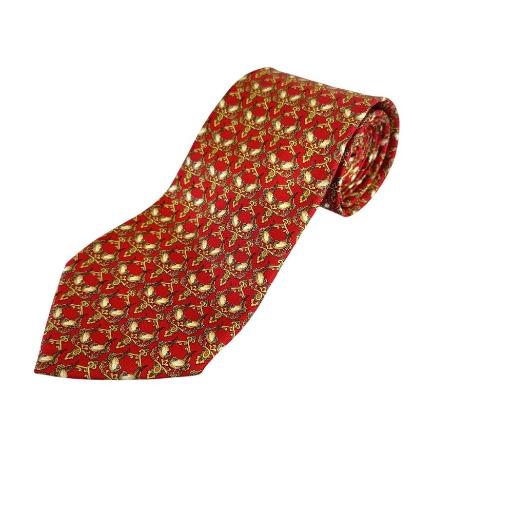 Vintage‎ Salvatore Ferragamo Men’s Red Silk Bird Print Designer Neck Tie Italy